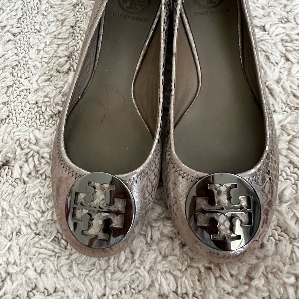 Tory Burch Silver Snakeskin Flats